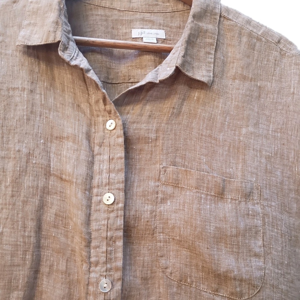 J. Jill Love Linen Button Down Shirt XL Petite Chocolate Brown 100% Linen Beach